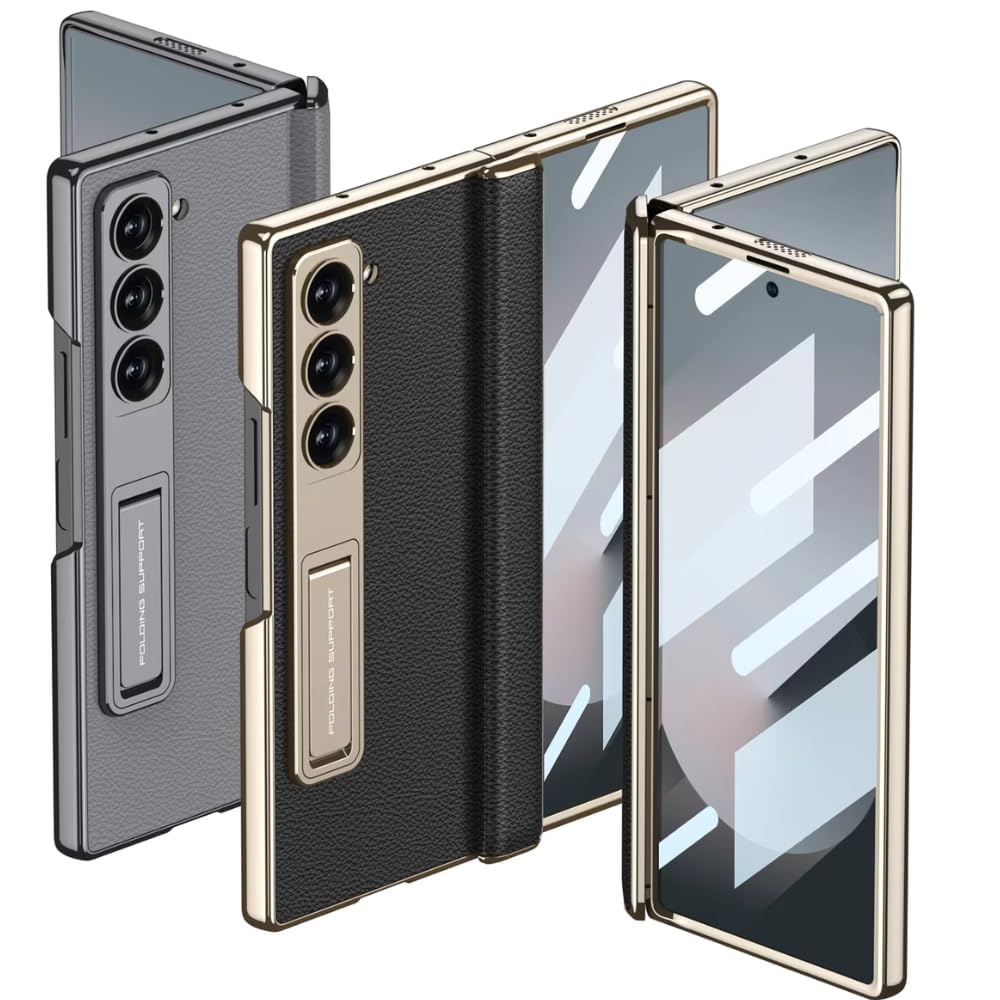 Ultra Hybrid Luxury Leather Case for Samsung Galaxy Z Fold 6 Case – with Kickstand. Includes Free Tempered Glass Screen Protector Comfortable Grip, Scratch Resistant (Black)