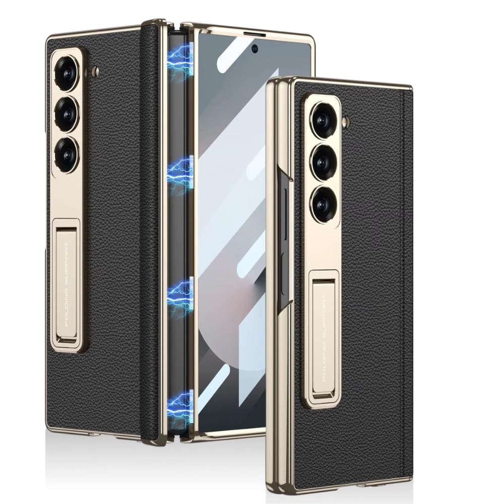 Ultra Hybrid Luxury Leather Case for Samsung Galaxy Z Fold 6 Case – with Kickstand. Includes Free Tempered Glass Screen Protector Comfortable Grip, Scratch Resistant (Black)
