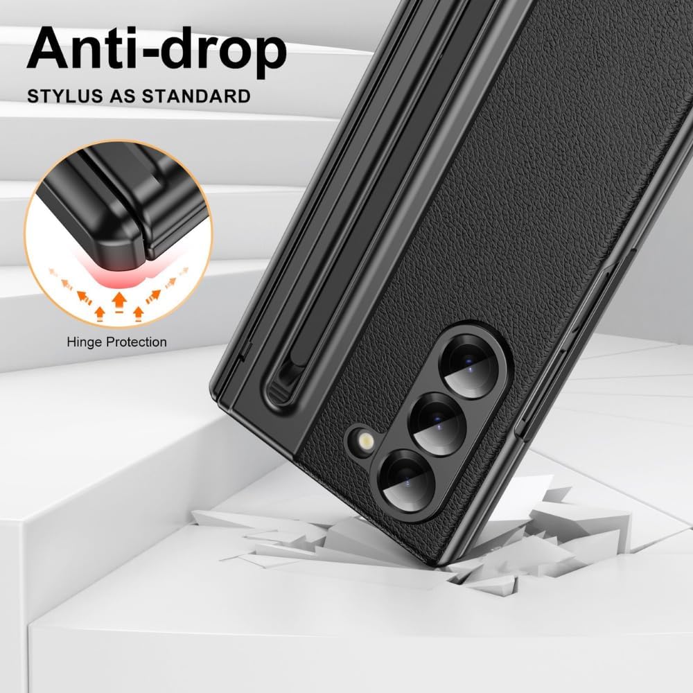 Ultra Hybrid Luxury Design Leather Case for Samsung Galaxy Z Fold 6 - with S Pen/Tempered Glass Screen Protector/Kickstand/Comfortable Grip/Scratch Resistant for Fold 6 case (Black)