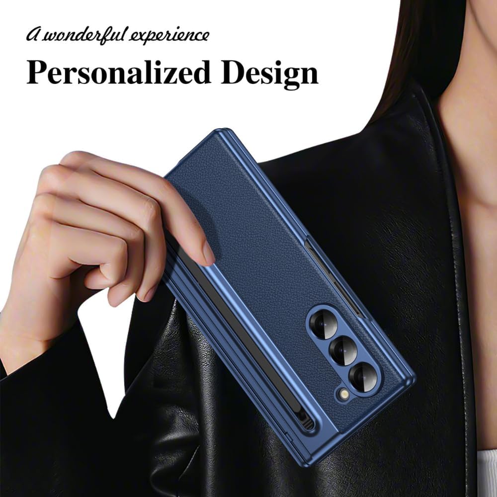 Ultra Hybrid Luxury Design Leather Case for Samsung Galaxy Z Fold 6 - with S Pen/Tempered Glass Screen Protector/Kickstand/Comfortable Grip/Scratch Resistant for Fold 6 case (Black)