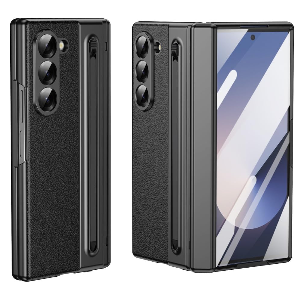 Ultra Hybrid Luxury Design Leather Case for Samsung Galaxy Z Fold 6 - with S Pen/Tempered Glass Screen Protector/Kickstand/Comfortable Grip/Scratch Resistant for Fold 6 case (Black)