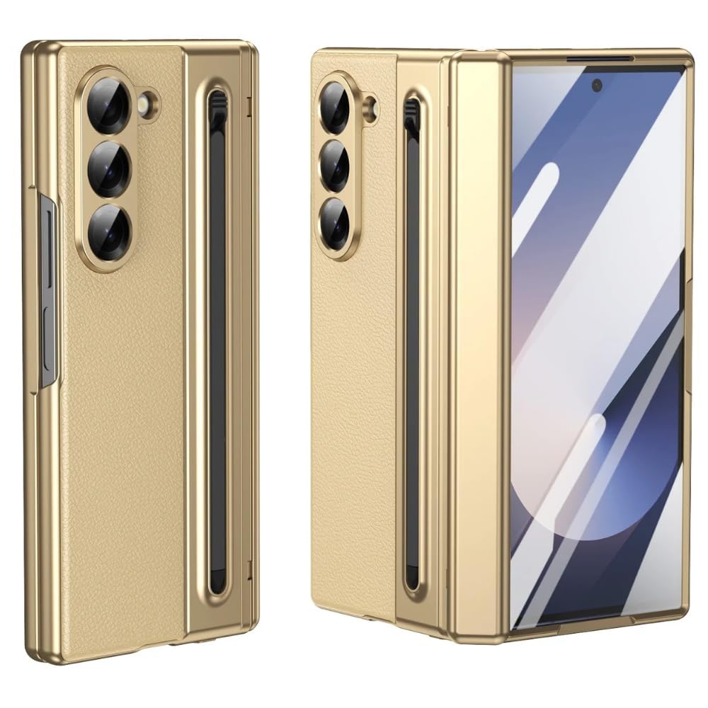 Ultra Hybrid Luxury Design Leather Case for Samsung Galaxy Z Fold 6 - with S Pen/Tempered Glass Screen Protector/Kickstand/Comfortable Grip/Scratch Resistant for Fold 6 case (Black)