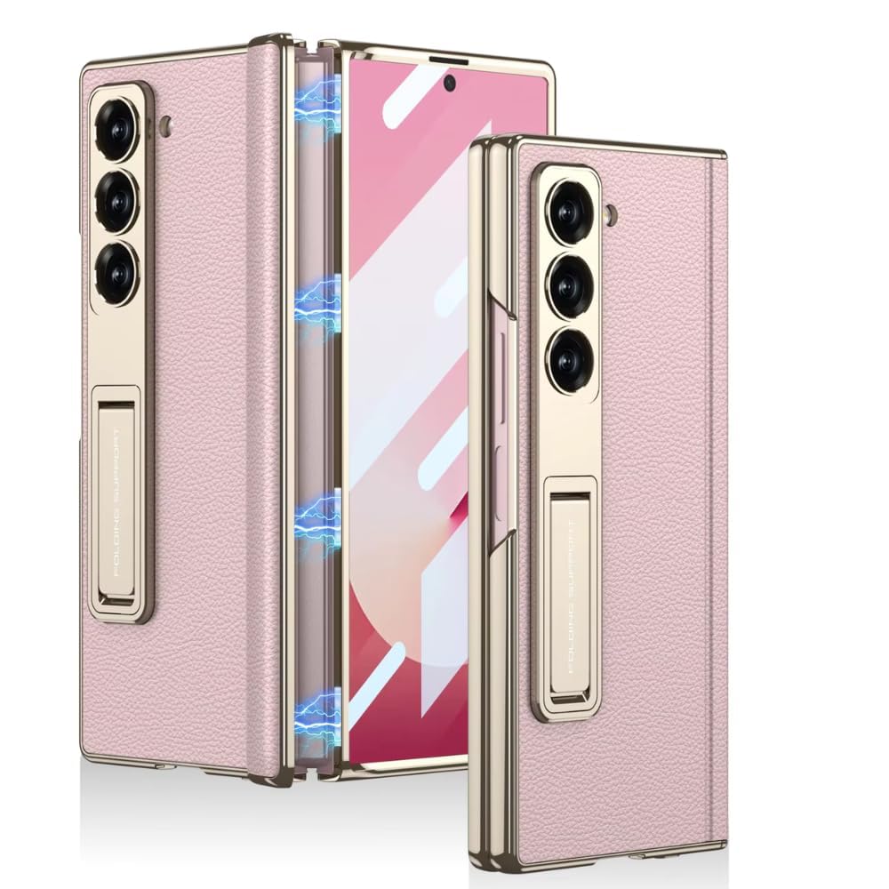 Ultra Hybrid Luxury Leather Case for Samsung Galaxy Z Fold 6 Case – with Kickstand. Includes Free Tempered Glass Screen Protector Comfortable Grip, Scratch Resistant (Black)