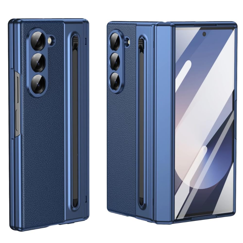 Ultra Hybrid Luxury Design Leather Case for Samsung Galaxy Z Fold 6 - with S Pen/Tempered Glass Screen Protector/Kickstand/Comfortable Grip/Scratch Resistant for Fold 6 case (Black)