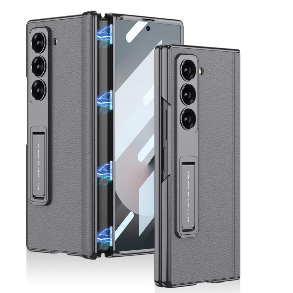 Ultra Hybrid Luxury Leather Case for Samsung Galaxy Z Fold 6 Case – with Kickstand. Includes Free Tempered Glass Screen Protector Comfortable Grip, Scratch Resistant (Black)