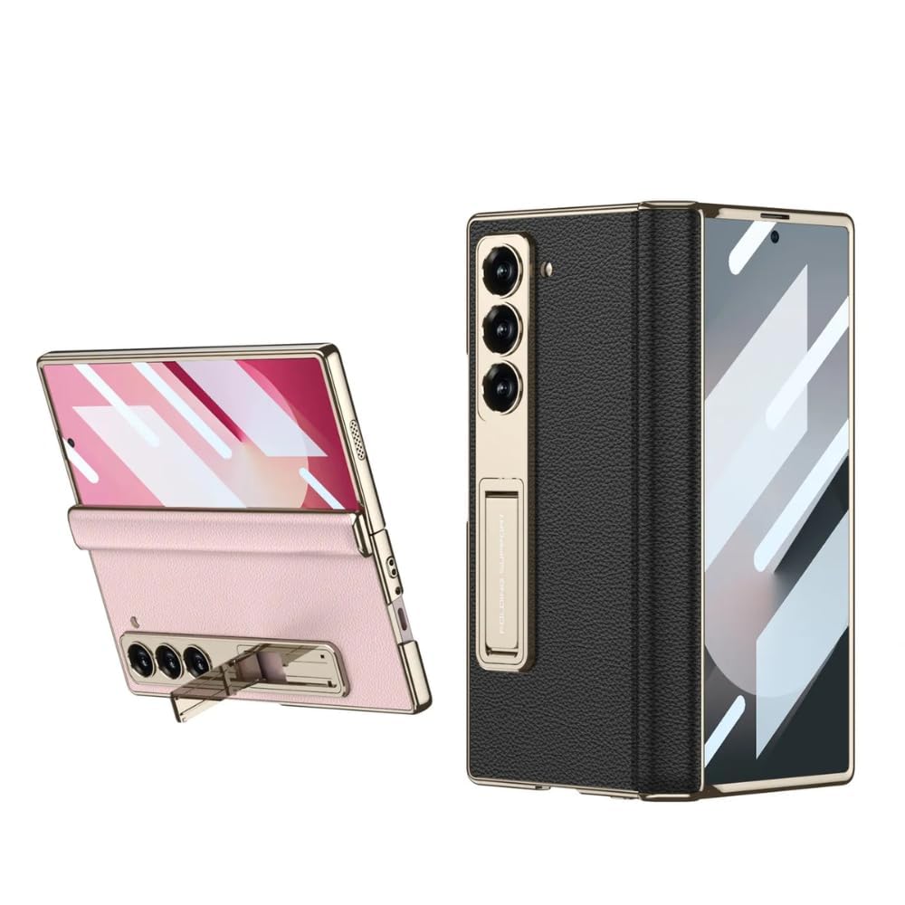 Ultra Hybrid Luxury Leather Case for Samsung Galaxy Z Fold 6 Case – with Kickstand. Includes Free Tempered Glass Screen Protector Comfortable Grip, Scratch Resistant (Black)