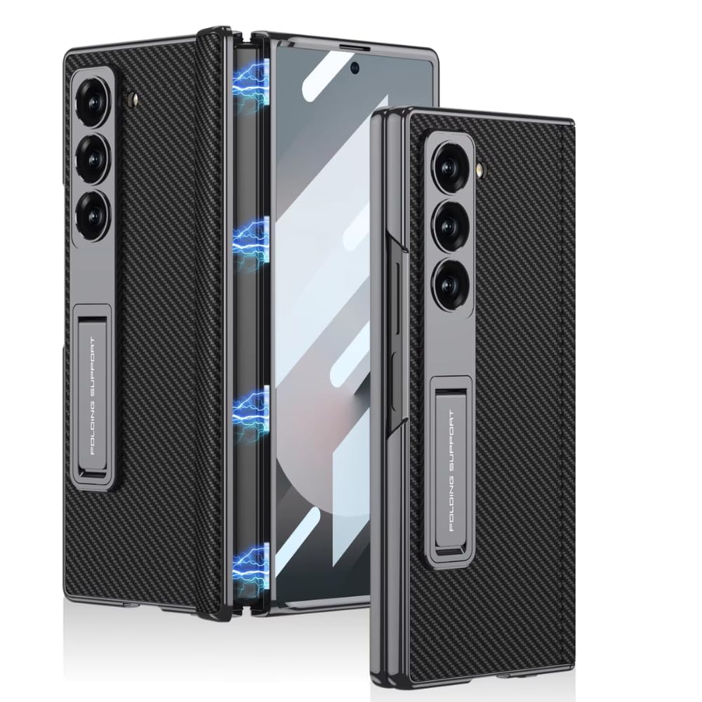Ultra Hybrid Luxury Leather Case for Samsung Galaxy Z Fold 6 Case – with Kickstand. Includes Free Tempered Glass Screen Protector Comfortable Grip, Scratch Resistant (Black)