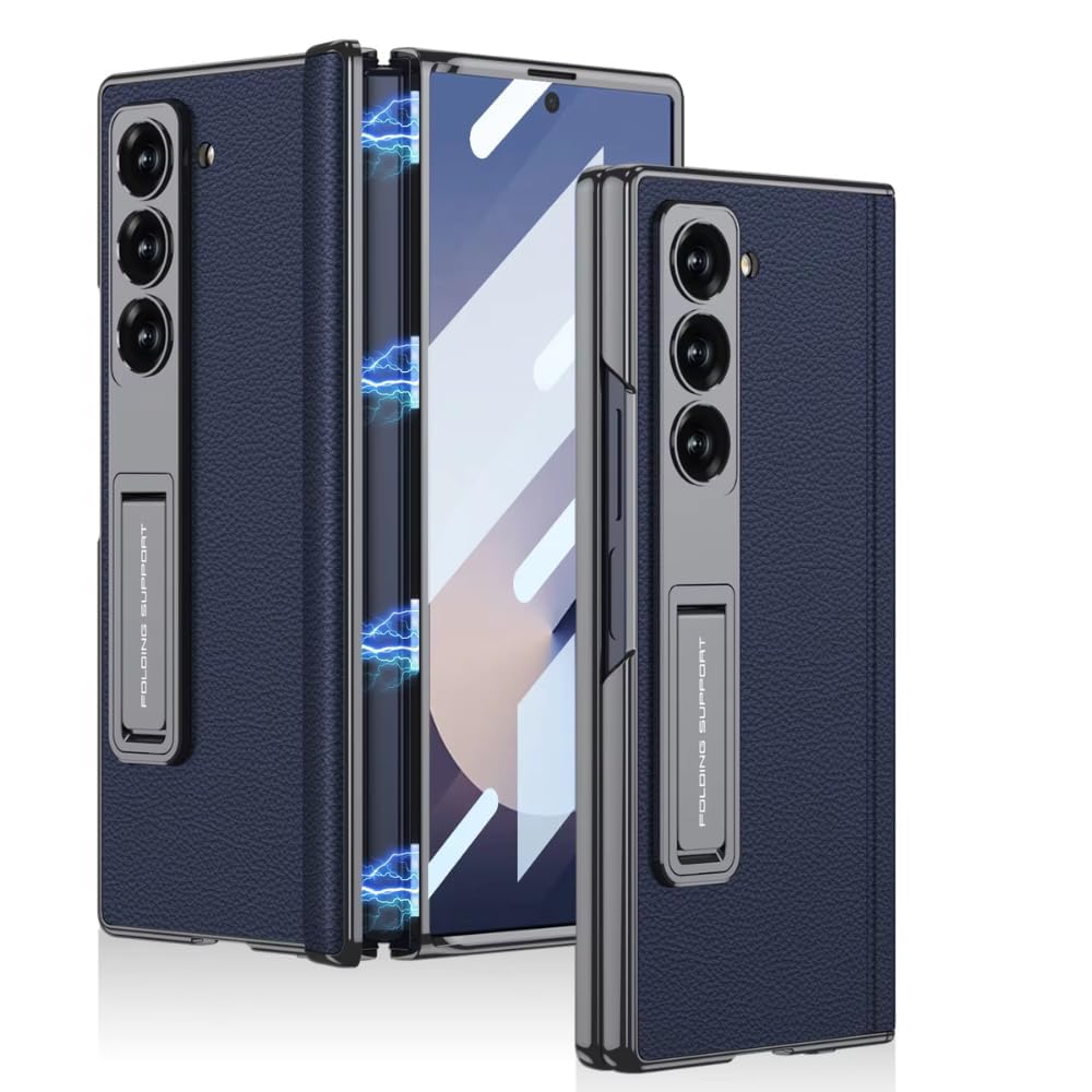Ultra Hybrid Luxury Leather Case for Samsung Galaxy Z Fold 6 Case – with Kickstand. Includes Free Tempered Glass Screen Protector Comfortable Grip, Scratch Resistant (Black)