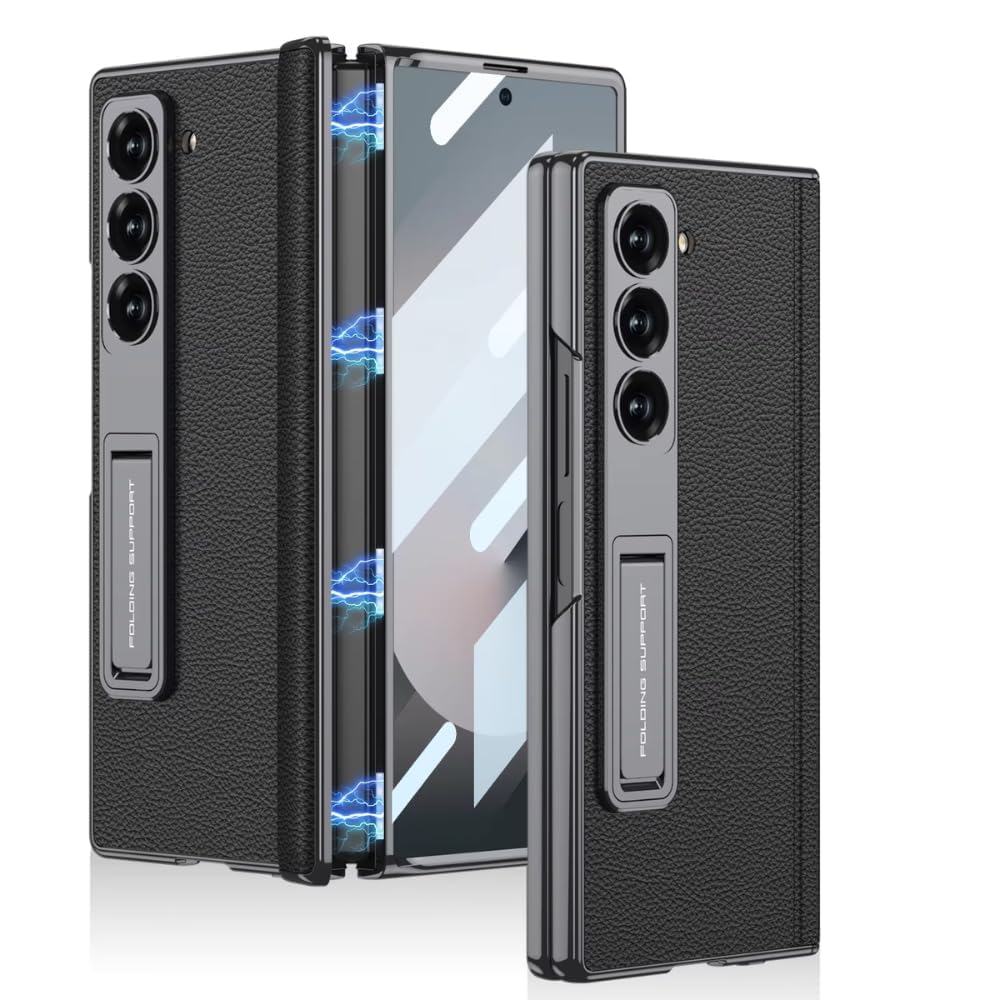 Ultra Hybrid Luxury Leather Case for Samsung Galaxy Z Fold 6 Case – with Kickstand. Includes Free Tempered Glass Screen Protector Comfortable Grip, Scratch Resistant (Black)