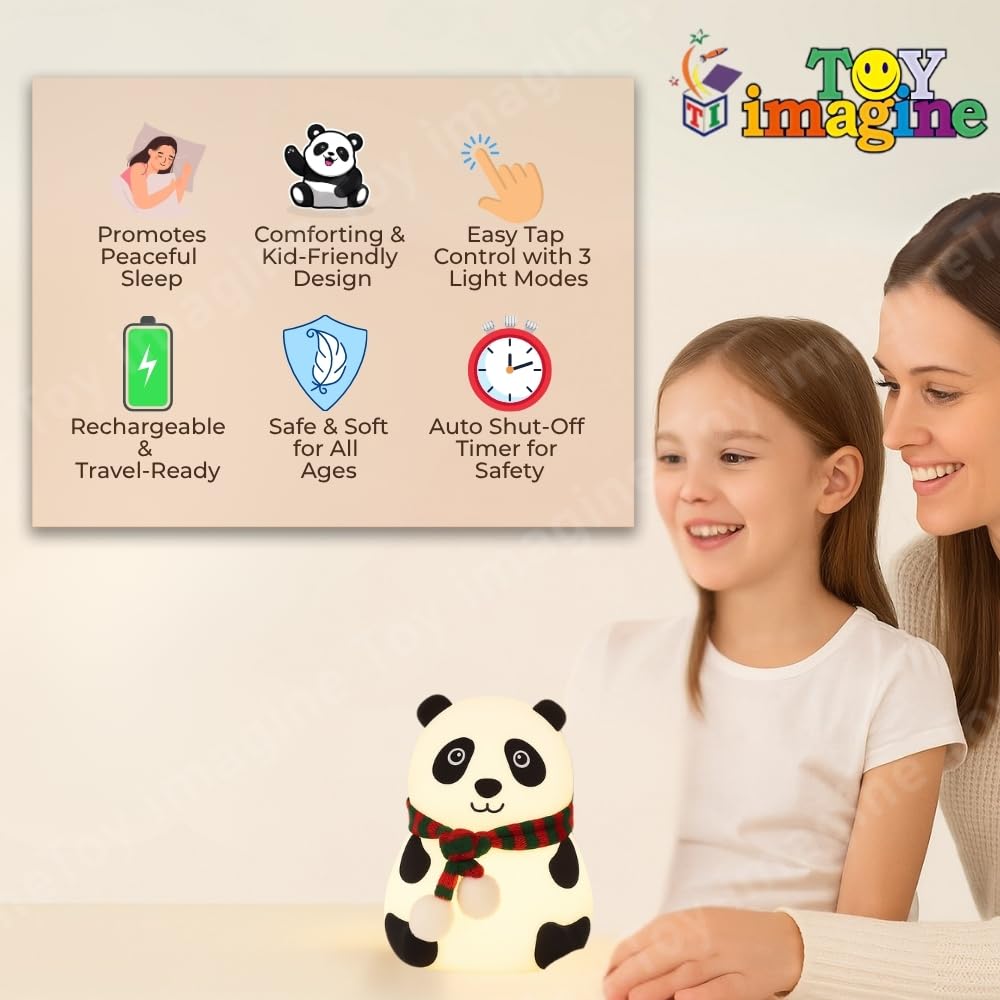 Toy Imagine Panda Night Light for Kids – Soft Silicone LED Lamp with Tap Control | Rechargeable, Multi-Color Light Modes, Non-Slip Base | Nursery Bedside Light for Baby Room, Toddlers & Gift Use