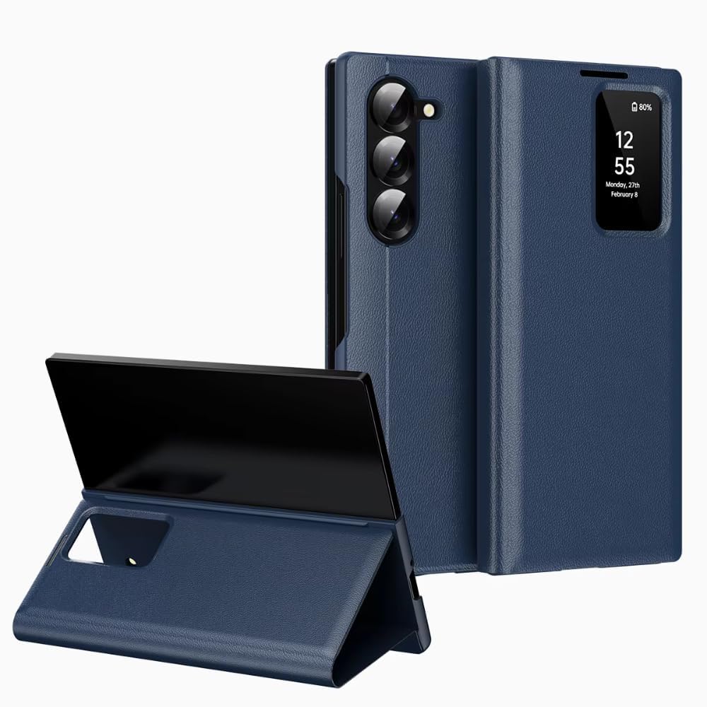 Melomon Ultra Hybrid Smart View Wallet Case for Samsung Galaxy Z Fold 6 | Flip Leather Cover with NFC Display Activation via App| Stand Feature | Magnetic Closure | Card Holder (Dark Blue)