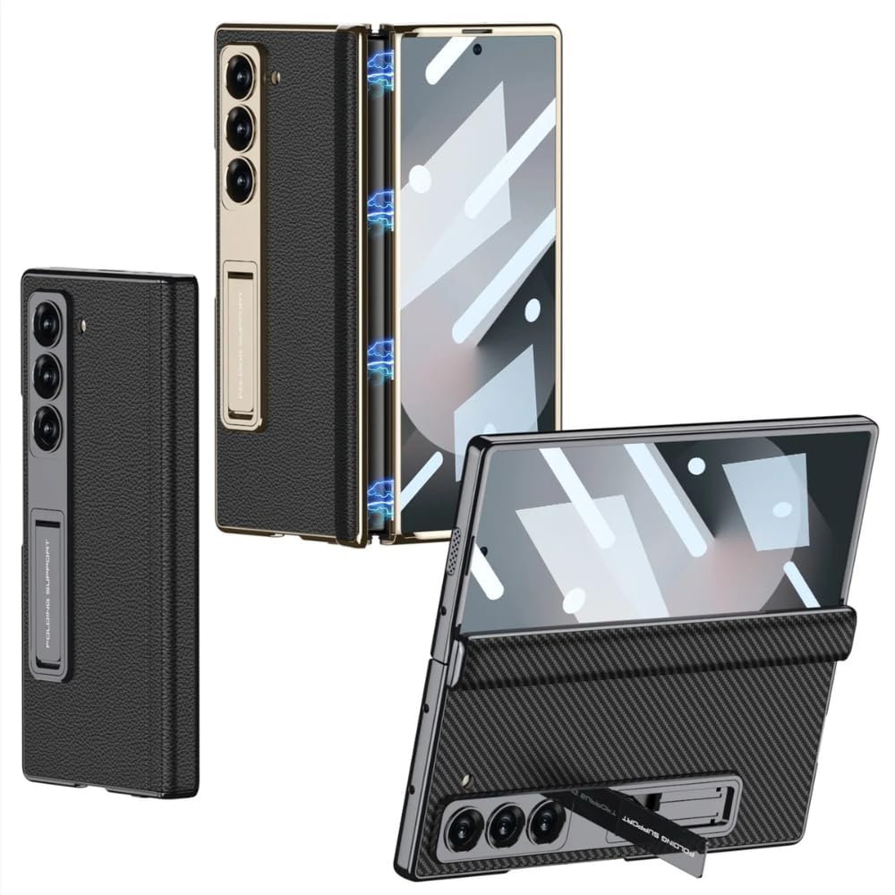 Ultra Hybrid Luxury Leather Case for Samsung Galaxy Z Fold 6 Case – with Kickstand. Includes Free Tempered Glass Screen Protector Comfortable Grip, Scratch Resistant (Black)